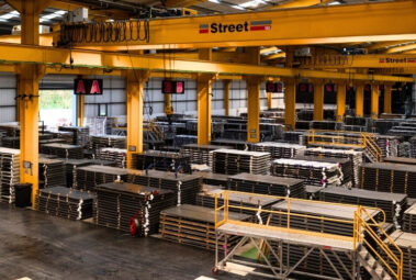 USP Steels Ltd warehouse with steel plates stacked on pallets, steel stockholder and supplier delivering across the UK and Ireland.